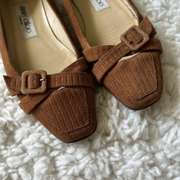 Jimmy Choo Suede Buckle Front Flat Loafers Nice Brown Neutral Textured - Picture 5 of 12